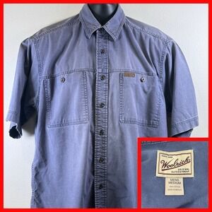 Woolrich Blue Button Up‎ Shirt Short Sleeve Men Large 100% Cotton Pockets
